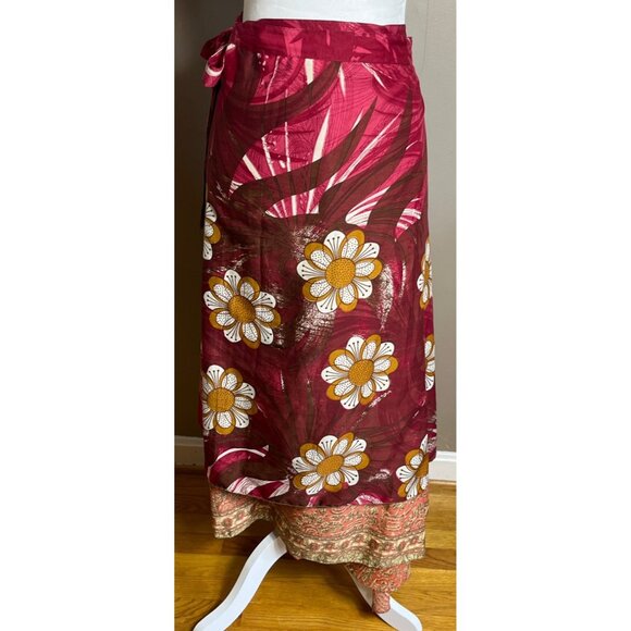 Wrap Sari Skirt Maxi Reversible Layers Red Chiffon Satin Boho Gypsy Womens 1 Sz - Picture 7 of 14